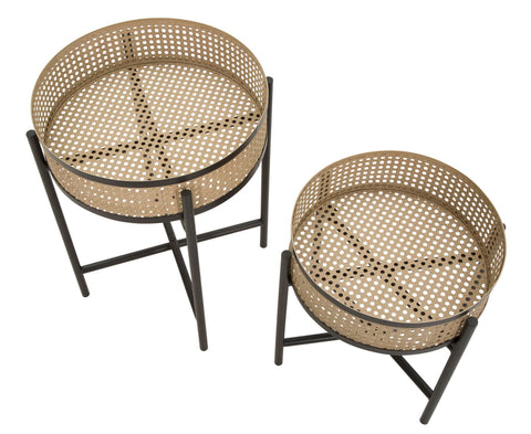 Table d'appoint en métal et paille de Vienne socle Noir