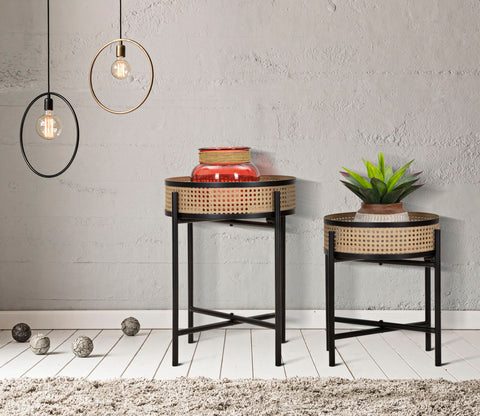 Table d'appoint en métal et paille de Vienne socle Noir