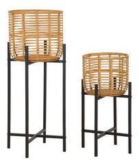 Ensemble de porte-vases ronds en rotin pieds métal Noir