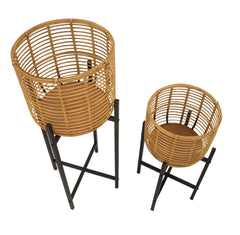 Ensemble de porte-vases ronds en rotin pieds métal Noir