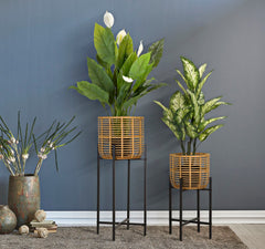 Ensemble de porte-vases ronds en rotin pieds métal Noir