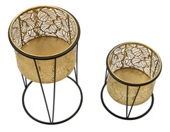 Porte-vase en métal doré feuilles socle noir ensemble 2 pcs