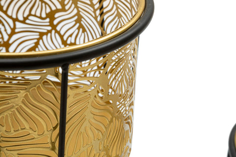Porte-vase en métal doré feuilles socle noir ensemble 2 pcs