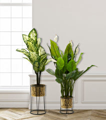 Porte-vase en métal doré feuilles socle noir ensemble 2 pcs