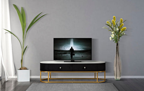 Meuble TV Montpellier avec tiroir Tissu matelassé Noir et Simili-marbre dessus Métal doré