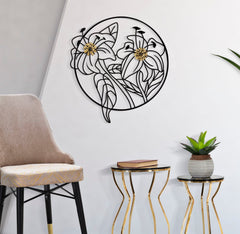 Panneau mural décoratif 3D fleurs cadre circulaire finitions dorées