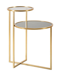 Table basse 2 niveaux Verre fumé et métal doré