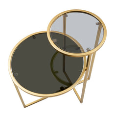 Table basse 2 niveaux Verre fumé et métal doré
