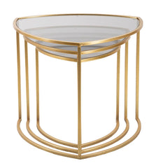 Table basse triangulaire en verre et métal doré, ensemble 3 pièces