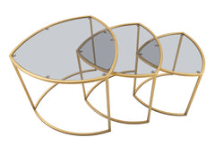 Table basse triangulaire en verre et métal doré, ensemble 3 pièces