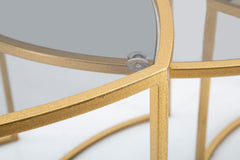Table basse triangulaire en verre et métal doré, ensemble 3 pièces