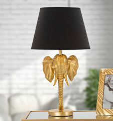 Lampe de table tête d'éléphant métal noir abat-jour tissu noir