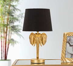 Lampe de table tête d'éléphant métal noir et abat-jour tissu noir