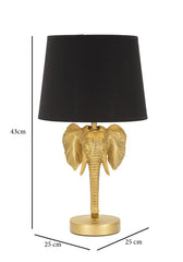 Lampe de table tête d'éléphant métal noir et abat-jour tissu noir