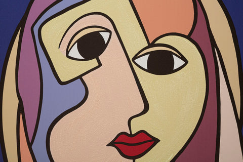 Impresión pintada doble cara Cubismo sobre lienzo con marco de madera colores vivos