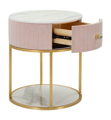 Table de chevet ronde Montpellier imitation marbre et tissu matelassé Rose pieds métal doré
