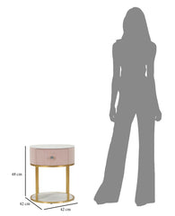 Table de chevet ronde Montpellier imitation marbre et tissu matelassé Rose pieds métal doré