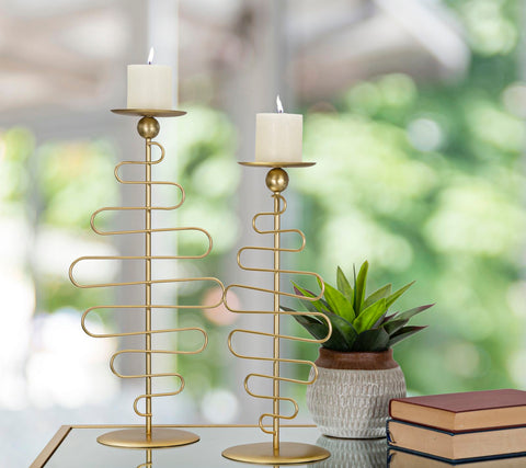 Candelabros de metal dorado Alid 2 piezas líneas sinuosas
