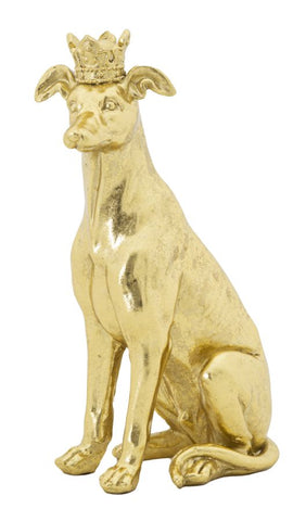 Estatua de perro sentado en oro con corona