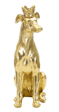 Estatua de perro sentado en oro con corona