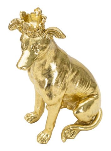 Estatua de perro sentado en oro con corona