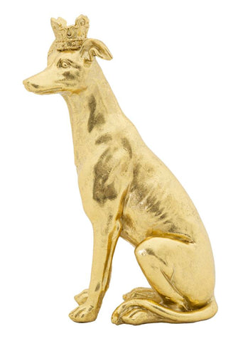 Estatua de perro sentado en oro con corona