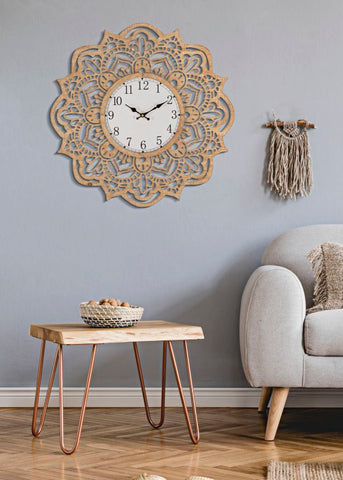 Reloj de pared tallado Ø 60 cm madera natural