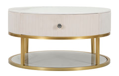 Table basse ronde Montpellier imitation marbre et Tissu crème structure métal doré