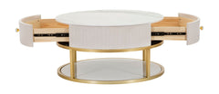 Table basse ronde Montpellier imitation marbre et Tissu crème structure métal doré