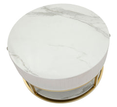 Table basse ronde Montpellier imitation marbre et Tissu crème structure métal doré