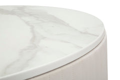 Table basse ronde Montpellier imitation marbre et Tissu crème structure métal doré