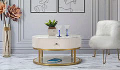 Table basse ronde Montpellier imitation marbre et Tissu crème structure métal doré