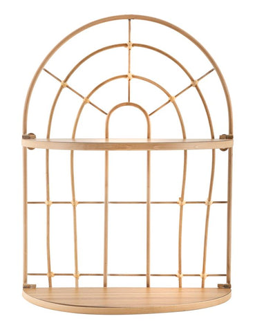 Estante de pared de metal con forma de arco y acabado de ratán