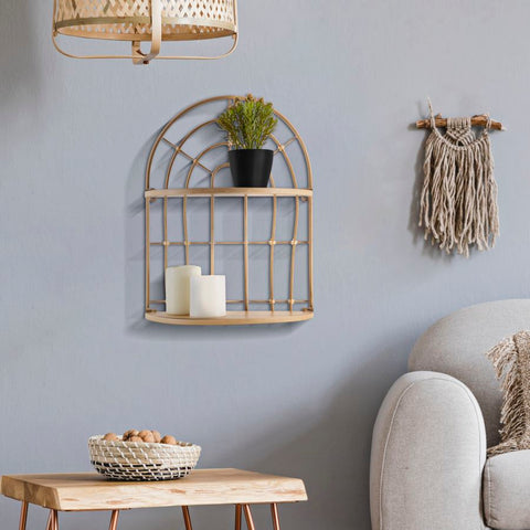 Estante de pared de metal con forma de arco y acabado de ratán