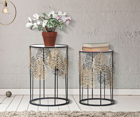 Table ronde Foglie structure métal noir plateau verre décorations dorées