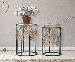 Table ronde Foglie structure métal noir plateau verre décorations dorées