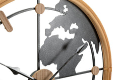 Horloge murale ronde Monde décorée en Métal Noir et bois naturel