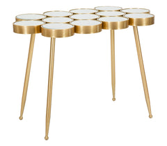 Table en métal doré avec plateau en verre miroir