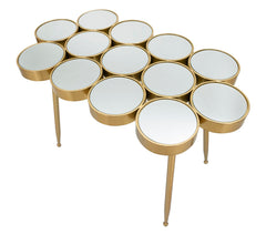Table en métal doré avec plateau en verre miroir