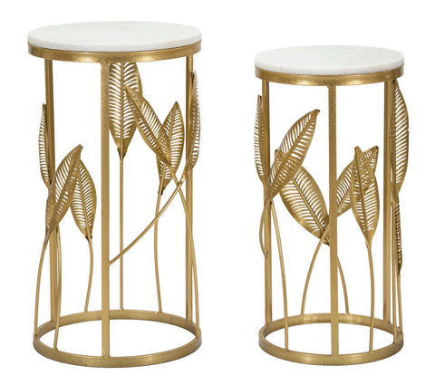 Ensemble de tables rondes en métal doré effet marbre avec décor feuilles