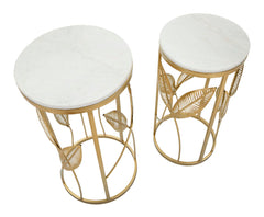 Ensemble de tables rondes en métal doré effet marbre avec décor feuilles