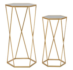 Tables hexagonales en métal doré avec plateau en verre miroir