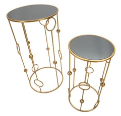 Ensemble de tables rondes en métal doré avec plateau en verre miroir