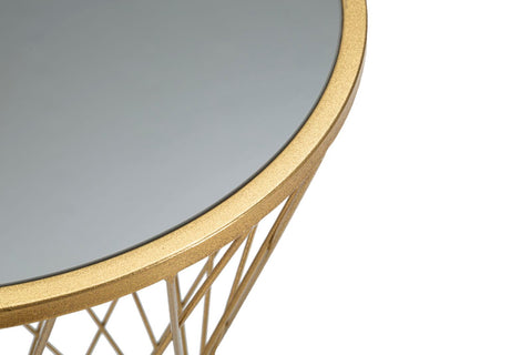 Table basse ronde métal doré plateau verre miroir