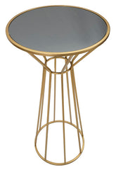 Table ronde métallique dorée avec dessus en verre miroir