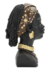 Statue tête de femme coiffe et bijoux en résine noire dorée