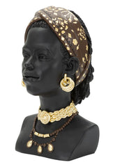 Statue tête de femme coiffe et bijoux en résine noire dorée