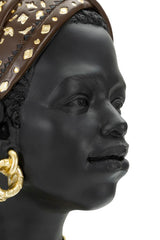 Statue tête de femme coiffe et bijoux en résine noire dorée