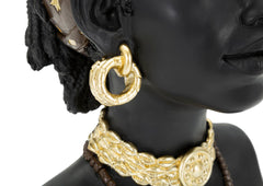 Statue tête de femme coiffe et bijoux en résine noire dorée