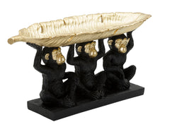 Décor Singe Tris Socle Noir et Feuille de Palmier Dorée